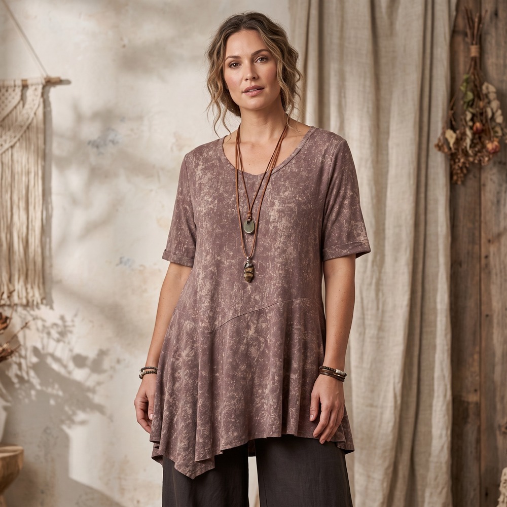 LOGO Lori Goldstein Mauve Taupe Asymmetric Tunic Top Lagenlook Boho Earthy L